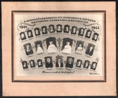 1943 A hódmezővásárhelyi Szt. Domonkos r. nővérek háztartási-gazdasági leányiskolája, tablófotó, kissé sérült, foltos kartonon, 22,5x16 cm