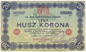 Csót / Hadifogolytábor 1916. augusztus 1. 20K számozott, gumibélyegzős aláírással mindkét oldalon T:F fo., de egyébként szép papír Hungary / Csót / POW Camp 01.08.1916. 20 Korona with serial number and rubber stamp signatures on both sides C:F spot, but in all fine paper Adamo HHC-1.6.1