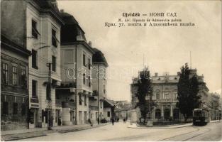 1910 Újvidék, Novi Sad; M. kir. főposta és Adamovits palota, villamos, Riesz és Gál üzlete / post office, palace, tram, shops
