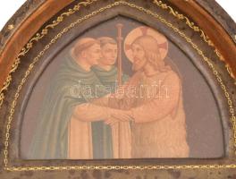 Úti oltár, triptichon. XIX. sz. Aranyozott bőr, litografált képekkel.Jó állapotban, de zsanérok nélk...