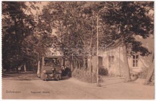 Debrecen, Nagyerdei részlet, vasútállomás, a Debreczeni Helyi Vasút Rt. (DHV) kisvasútja a megállóban, vonat. Hegedűs és Sándor kiadása