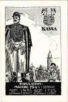 Kassa, Kosice; Magyar, tót és német nemzetiségek népesség aránya. Címer, Pátria r.-t. kiadása / Percentage of Hungarian, Slovakian and German population. Irredenta art postcad with coat of arms s: Pólya T. (EK)