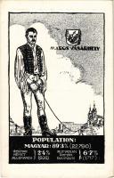 Marosvásárhely, Targu Mures; Magyar, német és román (oláh) nemzetiségek népesség aránya. Címer, Pátria rt. kiadása / Percentage of Hungarian, German and Romanian population. Irredenta art postcad with coat of arms s: Pólya Tibor