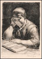 Tarjáni Simkovics Jenő (1895-1995): Olvasó nő. Rézkarc, papír, jelzett, lapszéli apró szakadással, 18×13 cm
