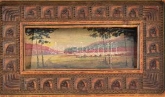 Fa dobozka festett miniatúrával Faragott, kézzel festett. 8x5 cm