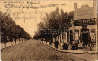 1917 Focsani, Foksány; Boulevard Karol / street view, shop of Stefan Barbulescu (wet damage)