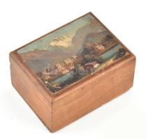 Fa dobozka kézzel festett alpesi tájat ábrázoló tetővel. XIX. sz. 8x6 cm