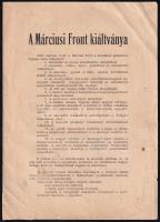 1937 A Márciusi Front kiáltványa, kissé foltos, sérült, javított, (4) p.