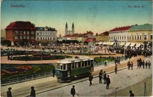 1916 Szabadka, Subotica; Szt. István tér, piac, villamos, Földes Samu üzlete. Vasúti levelezőlapárusítás 29. 1915. / square, market, tram, shops (EK)