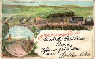 1899 (Vorläufer) Piliscsaba, Pilis Csaba; tábori vasútállomás, gőzmozdony, vonat, Templom tér. Blau Albert Art Nouveau, floral, litho (EK)