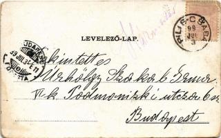 1899 (Vorläufer) Piliscsaba, Pilis Csaba; tábori vasútállomás, gőzmozdony, vonat, Templom tér. Blau ...