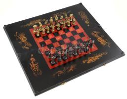 Díszes sakk. Lakkozott tábla, bronz figurákkal, 64x58 cm