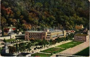 1915 Herkulesfürdő, Baile Herculane; Központ / Mittelpunkt / spa, general view + ORSOVA - BUDAPEST 75. SZ. D vasúti mozgóposta bélyegző (EK)