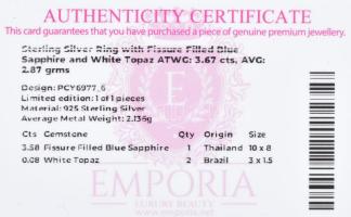 Ezüst (Ag) gyűrű kék zafírral 3,58ct, és fehér topázzal 0,08g 2,87 g, m:52 tanúsítvánnyal