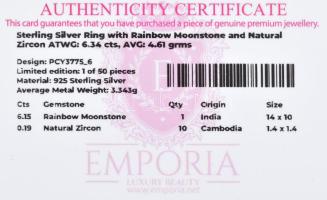 Ezüst (Ag) gyűrű holdkővel 6,15ct és cirkónnal 0,19ct jelzett, tanúsítvánnyal 4,61 g m:52