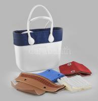 O Bag olasz design női kézi táska műanyag, szövet, hozzá négy klf tartozékkal, fogón kis kopással, jó állapotban 42x32 cm