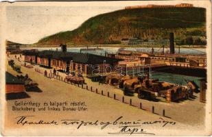 1902 Budapest XI. Gellérthegy és balparti részlet, Citadella, pesti rakpart, gőzhajó kikötő. Art Nouveau litho (kis szakadás / small tear)