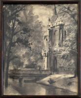 Lázár Oszkár (1890-?): Városliget, Vajdahunyad vára. Szén, papír. Jelezve jobbra lent. Üvegezett fakeretben. 30x24 cm