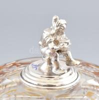 Ezüst (Ag) fogantyús, figurális törpe, sárga ólomkristály bonbontartó, jelzett, hibátlan, m: 21 cm, ...