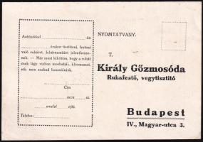 cca 1920-1930 Király Gőzmosóda. Ruhafestő, vegytisztító megrendelőlap, a hátoldalán reklámmal, 15x10...