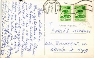 Brassó, Kronstadt, Brasov; pályaudvar este, vasútállomás, autóbusz / railway station at night, autob...