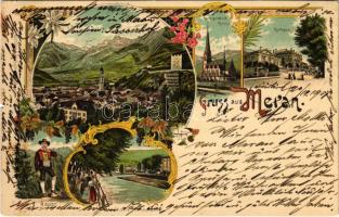 1901 Merano, Meran (Südtirol); Kurhaus, Neue protest. Kirche, Bauer, Gisela Promenade / spa, church, folklore. Ottmar Zieher Art Nouveau, floral, litho (small tear)