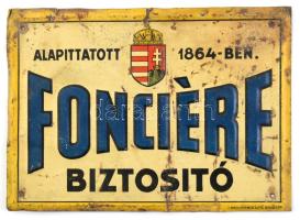 1930 A Fonciere Biztosító zománcozott fém táblája, magyar címerrel, kopott, rozsdás, 12,5×17 cm