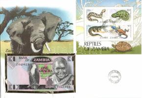 Zambia 1980-88. 1K dekoratív, nagyalakú bankjegyes, bélyeges borítékon bélyegblokkal, boríték sérült T:I