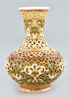 Zsolnay antik áttört váza, jelzett, mázhibákkal, alsó peremén apró csorbákkal, m:13 cm