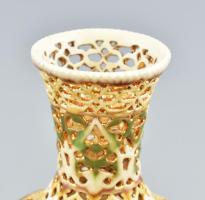 Zsolnay antik áttört váza, jelzett, mázhibákkal, alsó peremén apró csorbákkal, m:13 cm