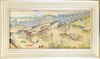 Pécsi Pilch Dezső (1888-1949): Hídépítés (Újpesti vasúti híd?). Akvarell, papír, jelezve jobbra lent. Dekoratív fakeretben. 31,5×67,5 cm. / watercolour on paper, signed, framed