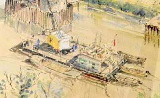 Pécsi Pilch Dezső (1888-1949): Hídépítés (Újpesti vasúti híd?). Akvarell, papír, jelezve jobbra lent...