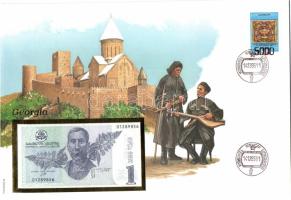 Grúzia 1995. 1L dekoratív, nagyalakú bankjegyes, bélyeges borítékon T:I