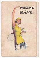 1932 Meinl Kávé reklám, tenisz hölgy / coffee advertisement with tennis lady, sport (ázott / wet damage)