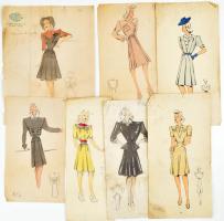 cca 1935-1940 A Model Barouh Jenny (Bp. XI., Horthy Miklós út) női divatszalon ruhatervei, 7 db. Vegyes technika, papír, jelzettek. Vegyes állapotban, 29,5x23 cm és 26x11 cm közötti lapméretek.