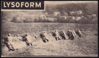 Lysoform fertőtlenítőszer számolócédula, lövészárokban lévő katonák fotójával illusztrált