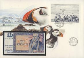 Izland 1981. 10K dekoratív, nagyalakú bankjegyes, bélyeges borítékon, bélyegblokkal T:I