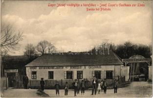 Bánka, Banka (Pöstyén, Piestany); Layer József vendéglője a hársfához, bemenet kertbe, étterem / Gasthaus zur Linde / restaurant (fa)