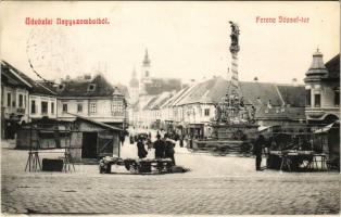 1910 Nagyszombat, Trnava; Ferenc József tér, Szentháromság szobor, piac / square, market, Trinity statue (EK)