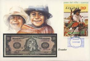 Ecuador 1986. 10S dekoratív, nagyalakú bankjegyes, bélyeges borítékon, bélyegblokkal T:I