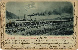 1899 (Vorläufer) Orsova, Vaskapu-szoros megnyitó hajózása, este. G. Hutterer kiadása / Canal beim Eisernen Tor / Portile de Fier / gorge, canal opening ceremony, steamship, night (Rb)