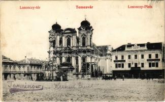 1912 Temesvár, Timisoara; Losonczy tér, Délmagyarországi Gazdasági Bank részvénytársaság Délvidéki Földmívelési Egyesülete, Eberhard üzlete, felállványozott templom felújítás alatt / square, bank, shop, church under reconstruction (ragasztónyom / gluemark)