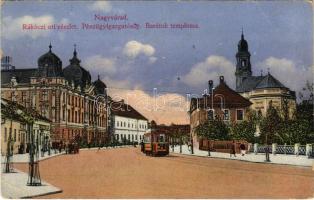 1914 Nagyvárad, Oradea; Rákóczi út, Pénzügyigazgatóság, Barátok temploma, villamos / street, church, tram, Financial directorate (EK) + &quot;NAGYVÁRAD-SZEGED 38.&quot; vasúti mozgóposta