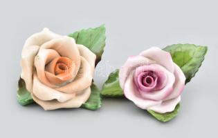 Herendi porcelán rózsa, 2 db, kézzel festett, jelzett, apró kopásnyomokkal, egyiken apró csorbával, m: 4 cm