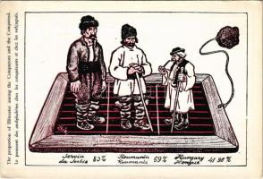 Az analfabéták számaránya a hódítóknál és a leigázottaknál: Románia, Szerbia, Magyarország. Kiadja a Pátria r.-t. / The proportion of illiterates. Hungarian irredenta propaganda art postcard, Trianon s: Bér (EK)