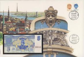 Lettország 1992. 5R dekoratív, nagyalakú bankjegyes, bélyeges borítékon T:I