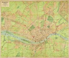 1912 Budapest székesfőváros és környékének legújabb nagy térképe házszámokkal Pharus rendszerben, 95×80 cm Utcajegyzékkel, hátul néhol papírragasztóval megerősítve