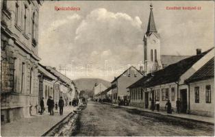 1913 Resicabánya, Resica, Resicza, Resita; Erzsébet királyné út, templom, üzletek / street view, church, shops (vágott / cut)