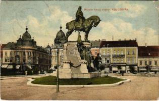 1913 Kolozsvár, Cluj; Mátyás király szobor, Haraszthy Jenő és Farkas üzlete, Erdélyi bank, drogéria. Bernát kiadása / statue, shops, bank, drugstore (EK)