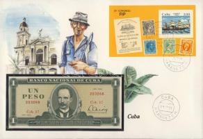 Kuba 1982. 1P dekoratív, nagyalakú bankjegyes, bélyeges borítékon, bélyegblokkal T:I